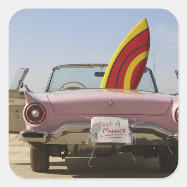 Sticker Carré Just Married Sign And Surfboard (Devant)