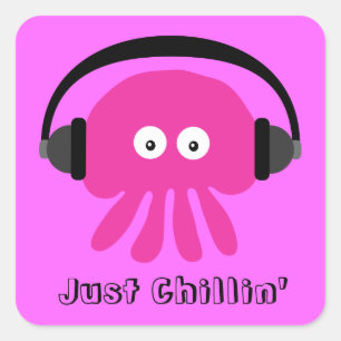 Sticker Carré Juste méduses roses de Chillin avec des écouteur