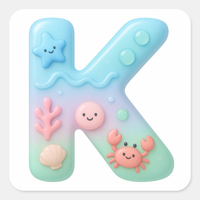 Sticker Carré "K" Cute Letter - Underwater Sea Creatures  (Devant)