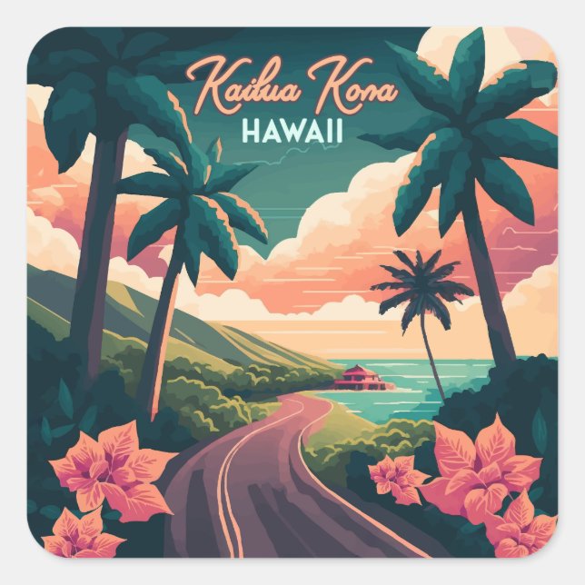 Sticker Carré Kailua Kona Hawaii Big Island Sunset Retro (Devant)