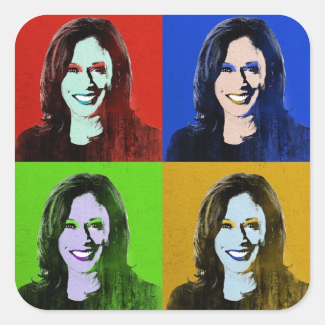 Sticker Carré Kamala Harris Pop Art (Rouge, Bleu, Vert, Jaune) (Devant)