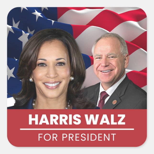 Sticker Carré Kamala Harris Tim Walz Pour Président 2024 (Devant)