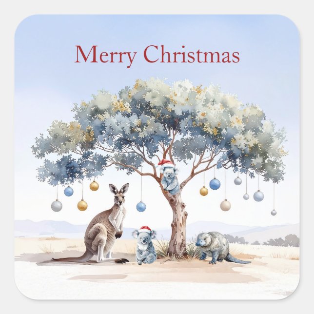 Sticker Carré Kangaroo Koalas Platypus Christmas Gumtree Baubles (Devant)