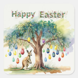 Sticker Carré Kangourou sous un eucalyptus avec des œufs de Pâqu