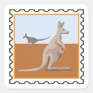 Sticker Carré Kangourous et joey art de timbre australien