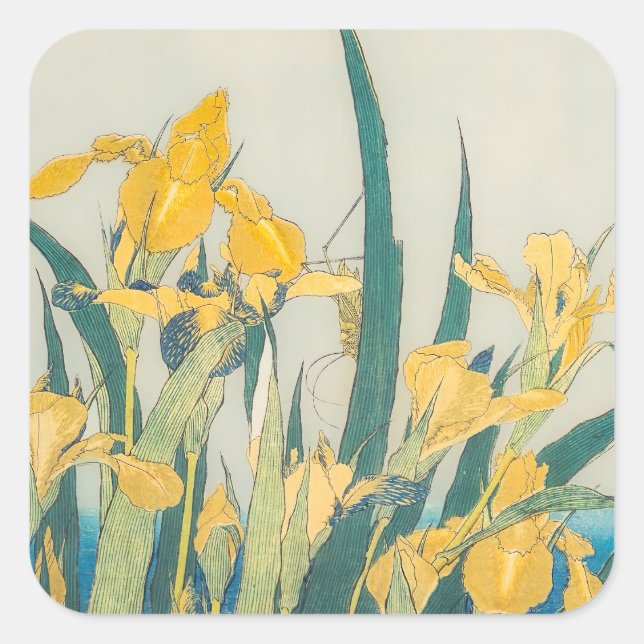 Sticker Carré Katsushika Hokusai - Grasshopper et Iris (Devant)