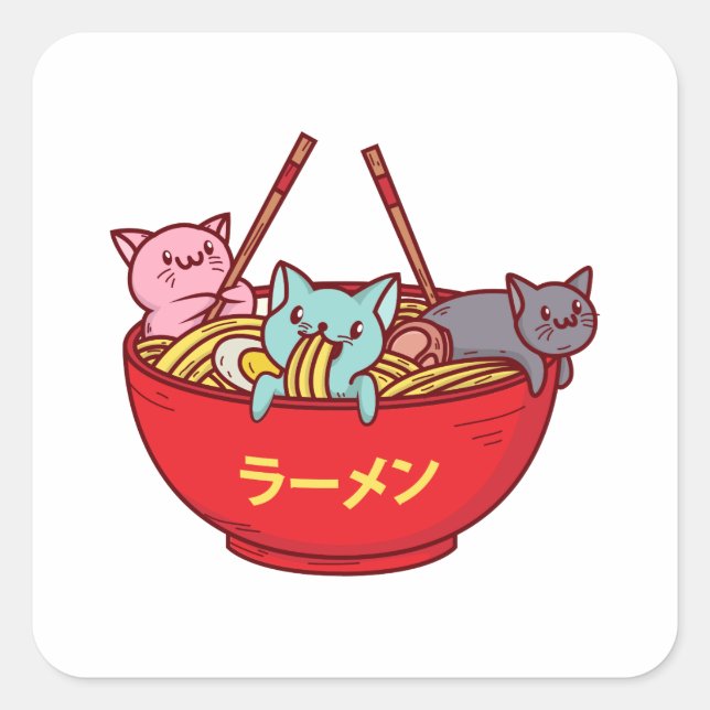 Sticker Carré Kawaii Anime Chat Funny Adorable Ramen Japonais (Devant)
