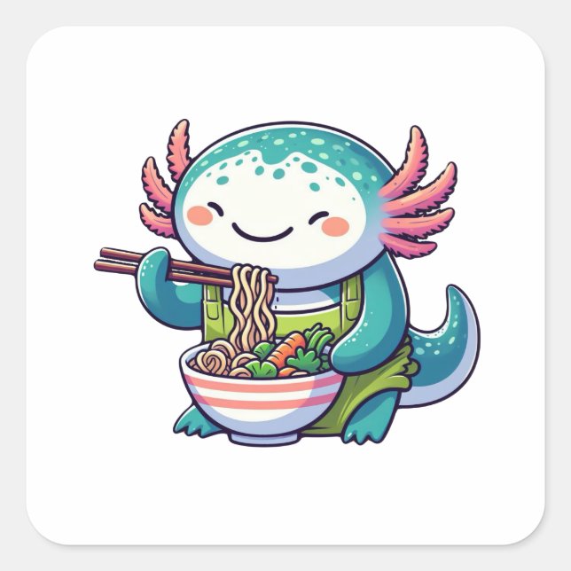 Sticker Carré Kawaii Axolotl Manger Ramen (Devant)