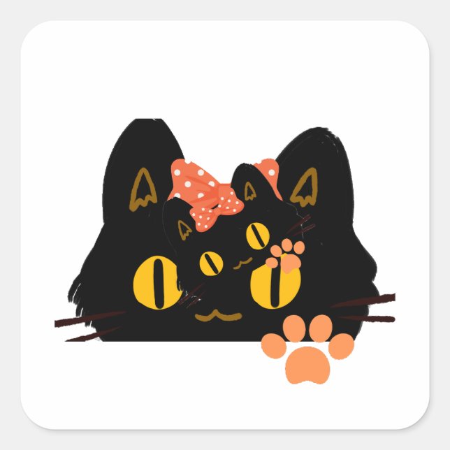 Sticker Carré Kawaii Black Cat Peekaboo Art with Bow (Devant)