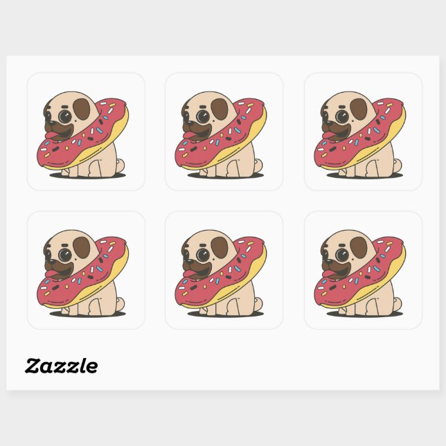 Sticker Carré Kawaii Carlin Donut Chien mignon animal de compagn (Feuille)
