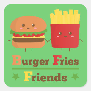 Sticker Carré Kawaii Cartoon Burger Frites Amis BFF