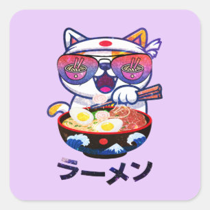 Sticker Carré Kawaii Chat Manger Ramen - Jolies nouilles japonai
