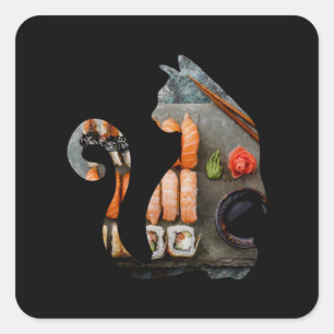 Sticker Carré Kawaii Chat Manger Ramen nouilles Japonais Anim