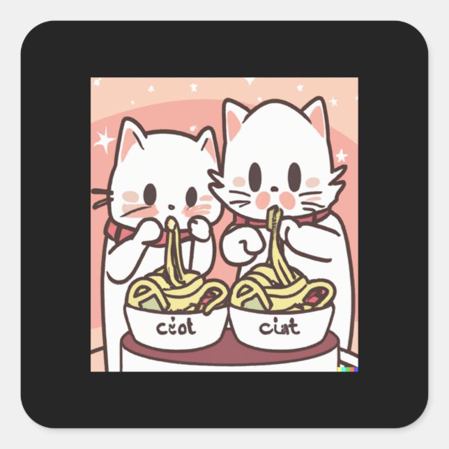 Sticker Carré Kawaii Chat Pho Soupe Noodle Alimentation Asiatiqu (Devant)