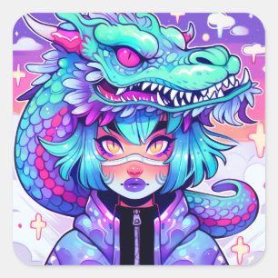 Sticker Carré Kawaii Dragon Headdress Girl dans le ciel Vaporwav