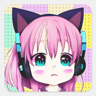 Sticker Carré Kawaii Girl avec casque sur