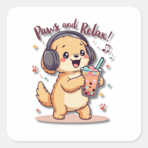 Sticker Carré Kawaii Golden Retriever Danser avec un casque