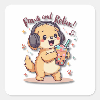 Sticker Carré Kawaii Golden Retriever Danser avec un casque