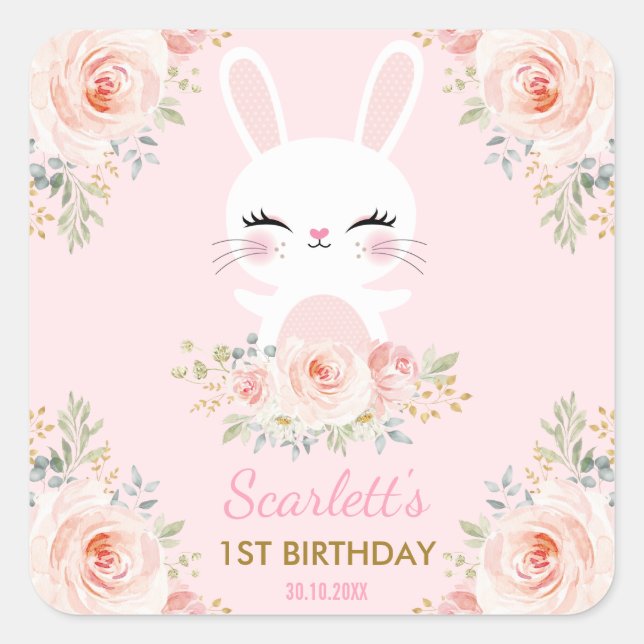 Sticker Carré Kawaii Pink Gold Bunny fête d'anniversaire Faveurs (Devant)