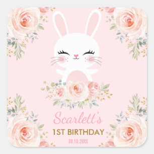 Sticker Carré Kawaii Pink Gold Bunny fête d'anniversaire Faveurs