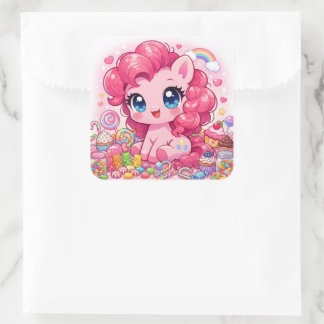 Sticker Carré Kawaii Pink Pony Chibi Art – Sweet Candy & Cupcake