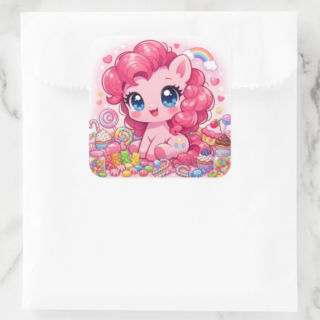 Sticker Carré Kawaii Pink Pony Chibi Art – Sweet Candy & Cupcake (Sac)