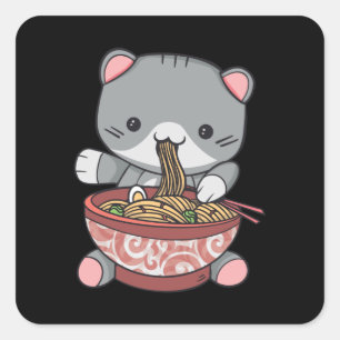 Sticker Carré Kawaii Ramen Chat bol à nouilles avec bâtonnets