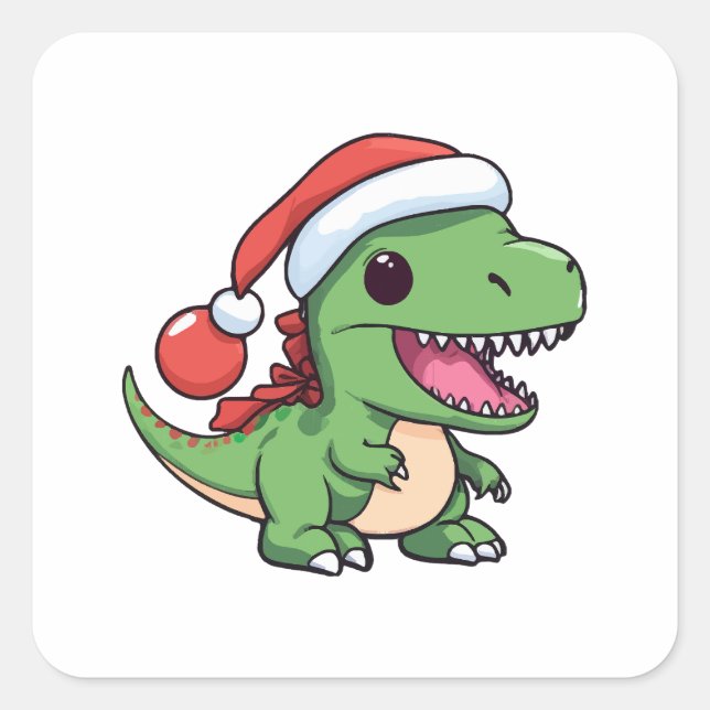 Sticker Carré Kawaii T-Rex Dinosaur en Casquette de Noël (Devant)
