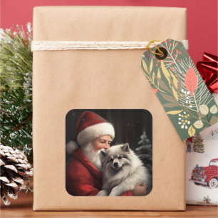 Sticker Carré Keeshond avec le Père Noël Festif de Noël