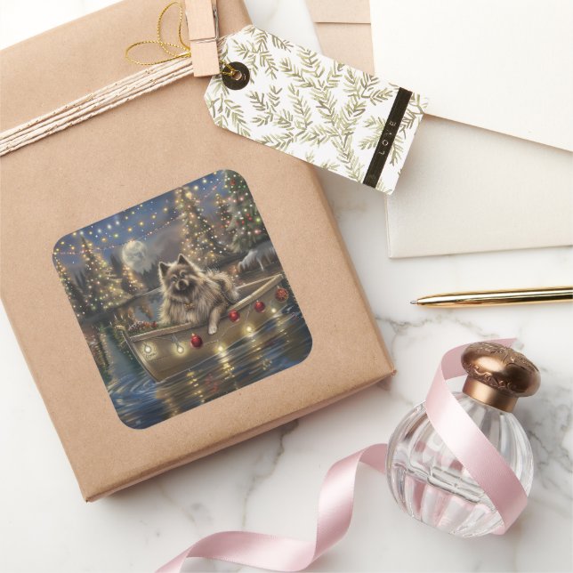 Sticker Carré Keeshond Noël Festive Voyage (Cadeaux)