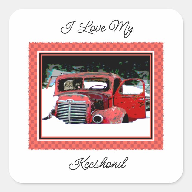 Sticker Carré Keeshond Noël Vieux Camion Peinture Chien Art (Devant)