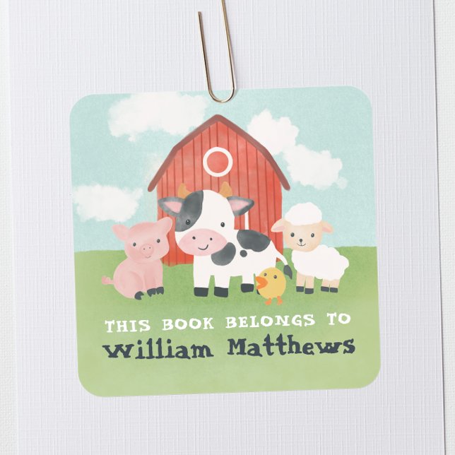 Sticker Carré Kids Cute Farm Animal School Library Bookplate (Créateur téléchargé)