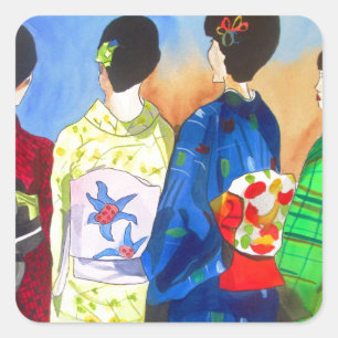 Sticker Carré Kimono de printemps japonais Geisha art