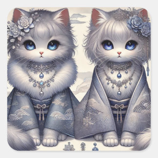 Sticker Carré Kimono Princess Cats d'hiver