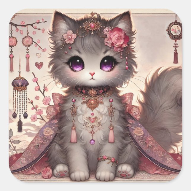 Sticker Carré Kimono rose Princesse Chat (Devant)