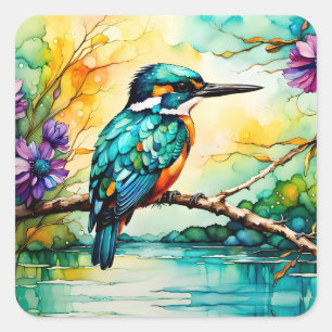 Sticker Carré Kingfisher sur l'eau et les Fleurs sauvages