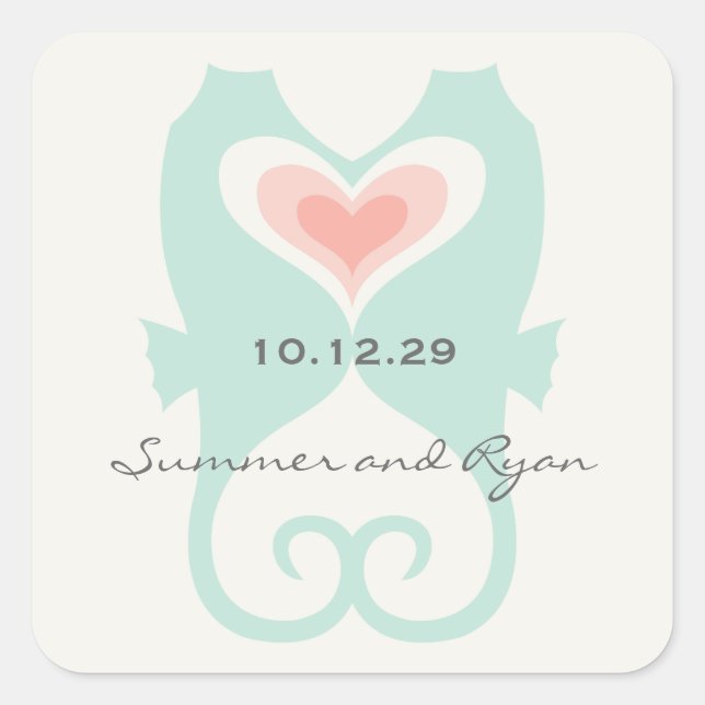 Sticker Carré Kisser Seahorses Love Hearts Beach Mariage d'été (Devant)