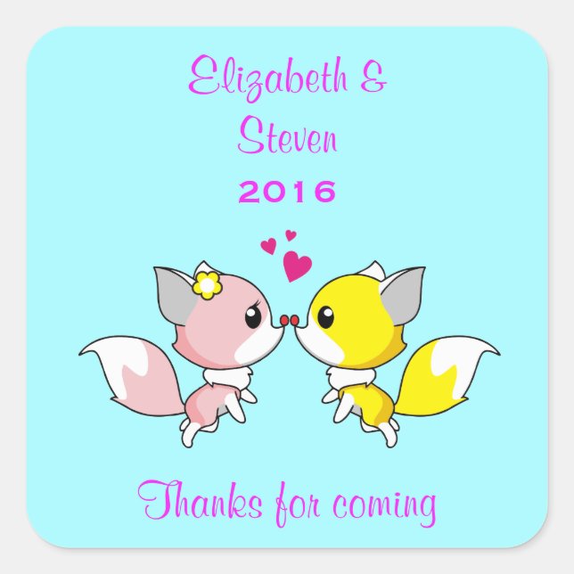 Sticker Carré Kissing Foxes Mariage FavorMerci (Devant)