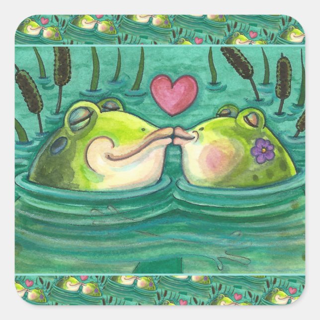 STICKER CARRÉ KISSING FROGS COLORÉ & CUTE POND ROMANCE, AMUSANT (Devant)