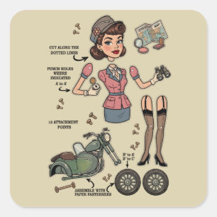 Sticker Carré Kit d'aventure de poupées en papier de style vinta