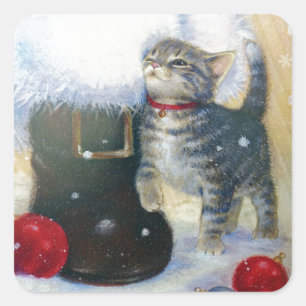 Sticker Carré Kitten à Père Noël Boot