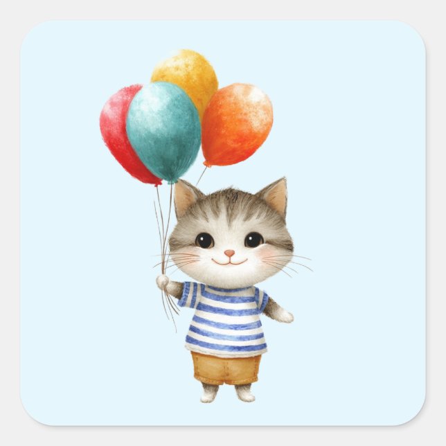 Sticker Carré Kitten avec ballons d'anniversaire | Célébration d (Devant)