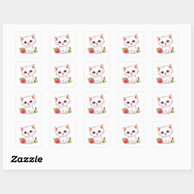 Sticker Carré Kitten avec Rose rouge (Feuille)