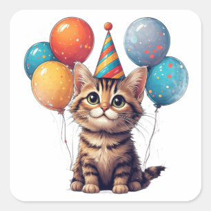 Sticker Carré Kitten Coloré d'Anniversaire avec Ballons