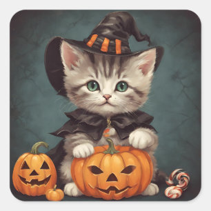 Sticker Carré Kitten en costume d'Halloween et Jack-O'Lantern