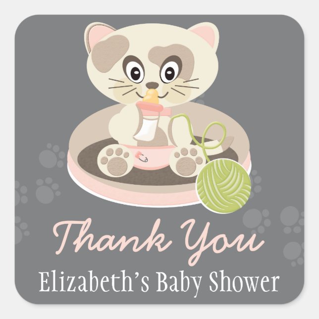 Sticker Carré Kitten en Pink Diapers Chat Baby shower Merci (Devant)