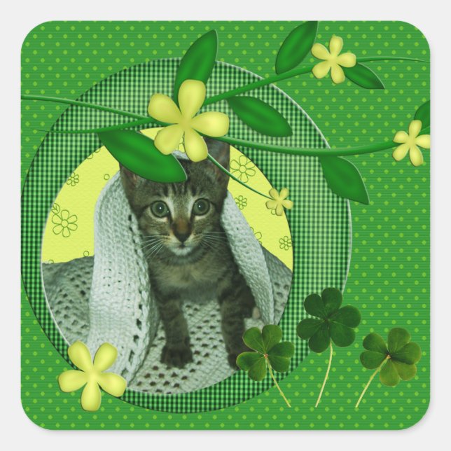 Sticker Carré Kitten, Fleurs, Shamrock & Pois verts (Devant)