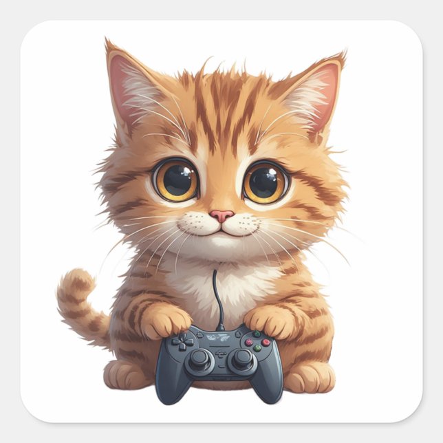 Sticker Carré Kitten Holding Game Controller Gamer Cat (Devant)