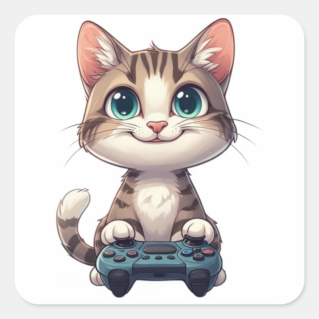 Sticker Carré Kitten Holding Game Controller Smiling Gamer Cat (Devant)