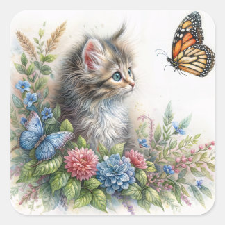 Sticker Carré Kitten Looking At Orange Butterfly